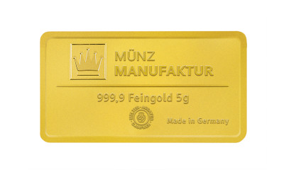 Foto eines unserer geprägten Goldbarren mit einem Gewicht von 5 Gramm 5 g Goldbarren gepägt